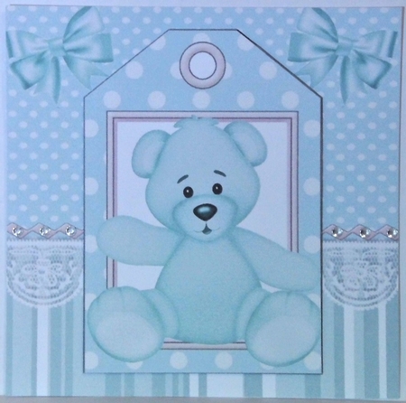 Cute turq teddy 7x7 with tag topper with bows by Hazel Underwood