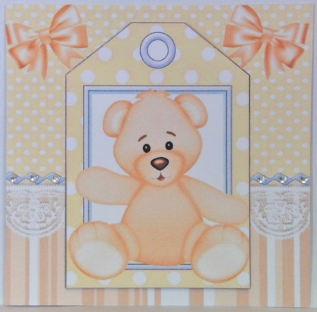 Cute peach teddy 7x7 with tag topper with bows by Hazel Underwood