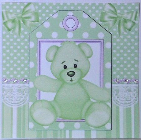 Cute green teddy 7x7 with tag topper with bows by Hazel Underwood