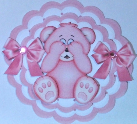 Cute little pink baby bear with bows rocker card by Hazel Underwood