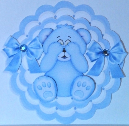 Cute little blue baby bear with bows rocker card by Hazel Underwood