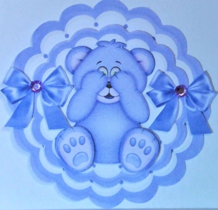 Cute little baby bear with bows rocker card by Hazel Underwood