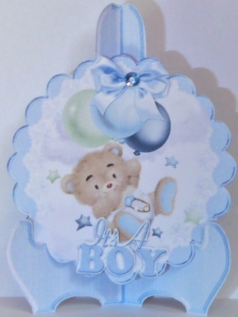 Cute baby bear wth balloons on blue plate & stand by Hazel Underwood