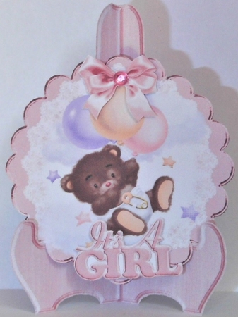 Cute baby bear wth balloons on pink plate & stand by Hazel Underwood