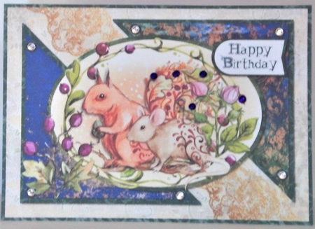 A5 Card Front Squirrel/Mouse with Toppers and Sentiment Tags Green/Gold by Hazel Underwood