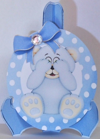 Cute blue peekaboo teddy bear with bow plate and stand by Hazel Underwood