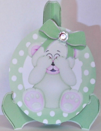 Cute green peekaboo teddy bear with bow plate and stand by Hazel Underwood