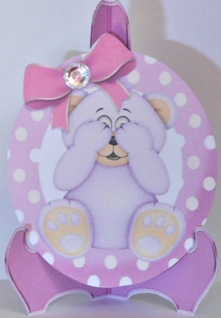  cute pink peekaboo teddy bear with bow plate and stand, also can be seen in other designs  (animals) by Hazel Underwood