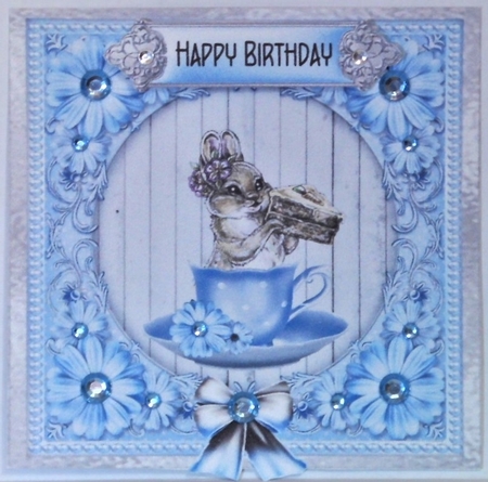 Blue Bunny in a Teacup - 6x6 inch card front with decoupage by Hazel Underwood
