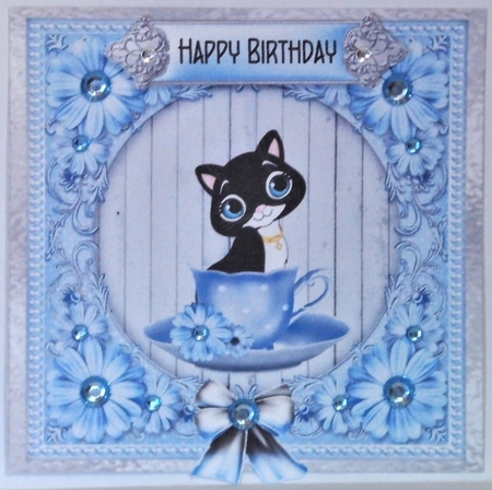 Cute Kitty in a Teacup - 6x6 inch card front with decoupage by Hazel Underwood