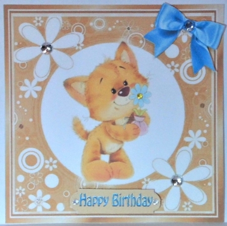 Cute ginger kitty with turq bow in floral 7x7 frame by Hazel Underwood