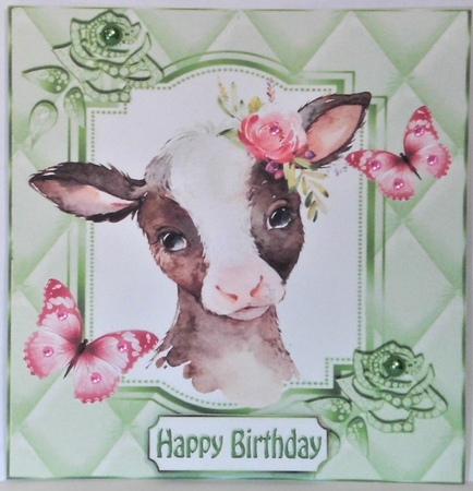 Cute cow with flowers, green butterflies in quilted 8x8 frame by Hazel Underwood