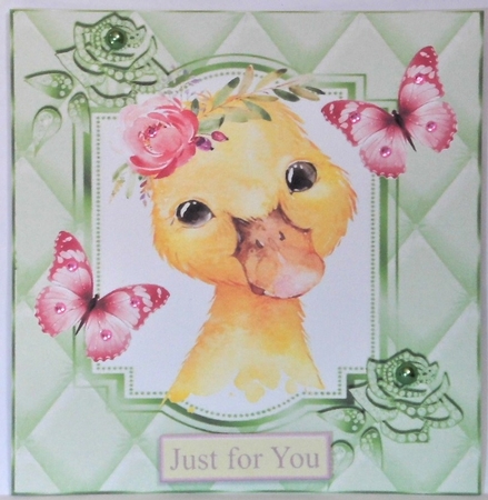 Cute chick with flowers, green butterflies in quilted 8x8 frame by Hazel Underwood
