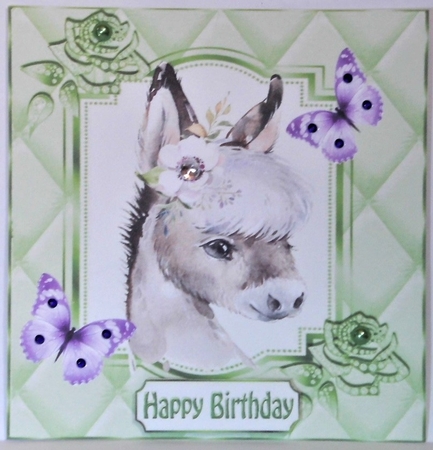 Cute donkey with flowers, purple butterflies in quilted 8x8 frame by Hazel Underwood