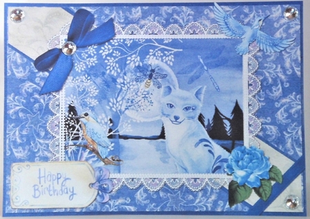 A5 Card Front Nighttime by the Lake Fox/Birds with Toppers and Sentiment Tags by Hazel Underwood