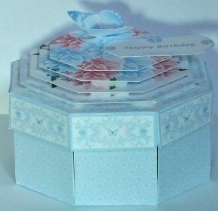 Pink and blue daliah exploding box card with matching gift box. by Hazel Underwood