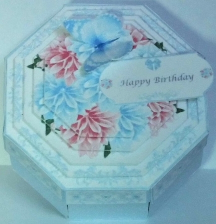 Pink and blue daliah exploding box card with matching gift box. by Hazel Underwood