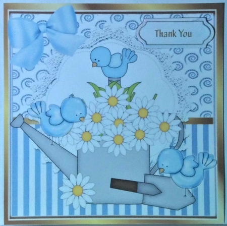 Pretty daisy watering can with blue birds and blue bow 8x8 by Hazel Underwood
