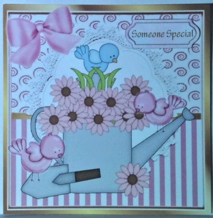 Pretty daisy watering can with  birds and pink bow 8x8 by Hazel Underwood