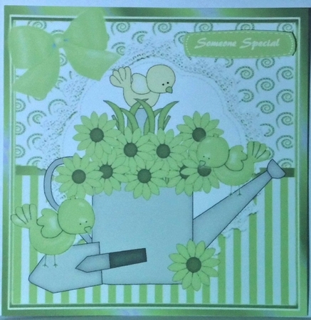 Pretty daisy watering can with  birds and green bow 8x8 by Hazel Underwood