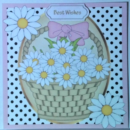 Pretty Basket of Daisies With Pink Bow 8x8 by Hazel Underwood