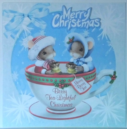 Cute mice in christmas teacup with bow and snowflakes 8x8 by Hazel Underwood