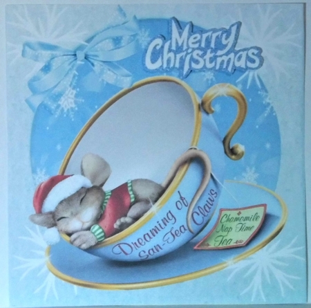 Cute sleepy mouse in a christmas teacup with bow and snowflakes 8x8 by Hazel Underwood