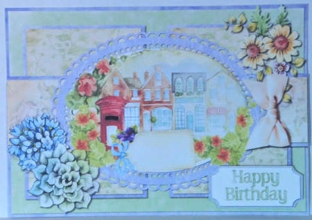 A5 Card Front Street Scene/Floral with Topper amd Sentiment Tags, Green/Lilac by Hazel Underwood