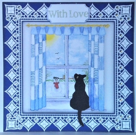 Black Christmas Cat In The Winter Window - 8 x 8 Card Kit by Hazel Underwood