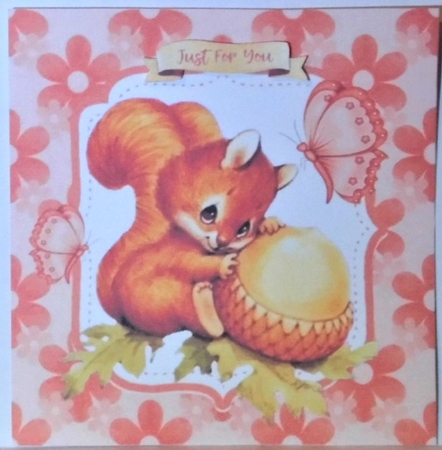 Cute red squirrel with acorn in floral peach frame 8x8 by Hazel Underwood