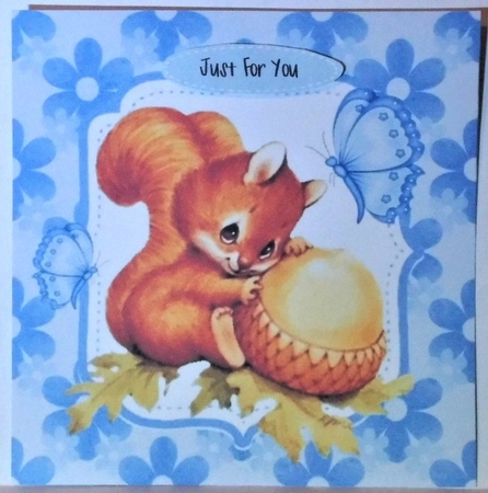 Cute red squirrel with acorn in floral blue frame 8x8 by Hazel Underwood