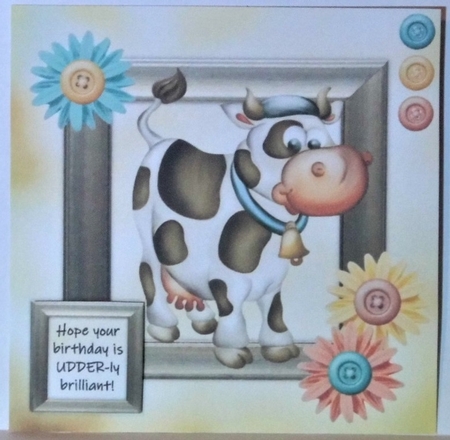 Cute Cow 6x6 Decoupage Card - Peach, Aqua and Yellow by Hazel Underwood