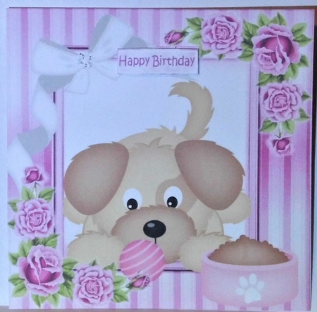 Cute puppy with pink roses 8x8 by Hazel Underwood