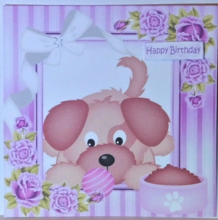 Cute puppy with lilac roses 8x8 by Hazel Underwood
