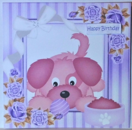Cute puppy with purple roses 8x8 by Hazel Underwood