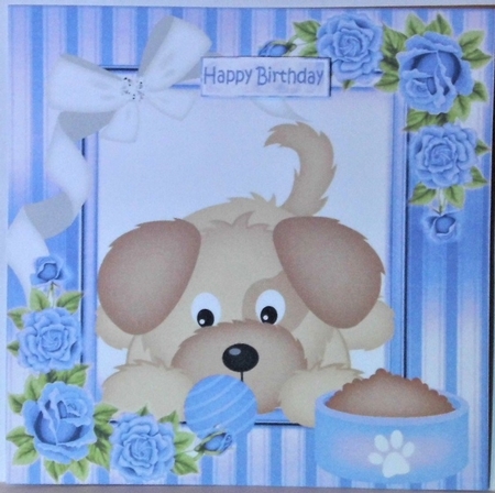 Cute puppy with blue roses 8x8 by Hazel Underwood
