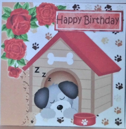 Cute puppy snoozing in dog kennel with red roses 7x7 by Hazel Underwood