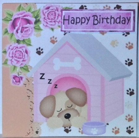  4 Cute puppies snoozing with pink/red roses 7x7 card fronts mini kit by Hazel Underwood