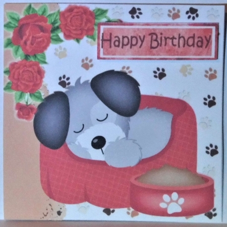  4 Cute puppies snoozing with pink/red roses 7x7 card fronts mini kit by Hazel Underwood