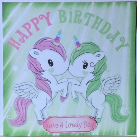  4 Cute coloured unicorns card fronts 8x8 mini kit by Hazel Underwood