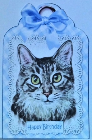 Pretty cat with blue bow on lace tag by Hazel Underwood