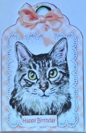  4 Pretty cats with bows on lace tags toppers by Hazel Underwood
