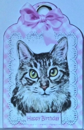  4 Pretty cats with bows on lace tags toppers by Hazel Underwood