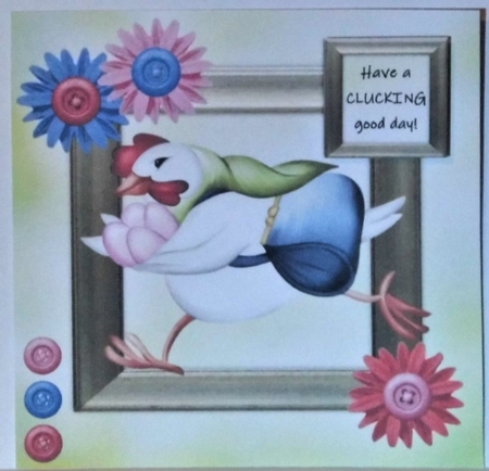 Hurrying Hen 6x6 Decoupage Card - Pink, Red, Blue & Green by Hazel Underwood
