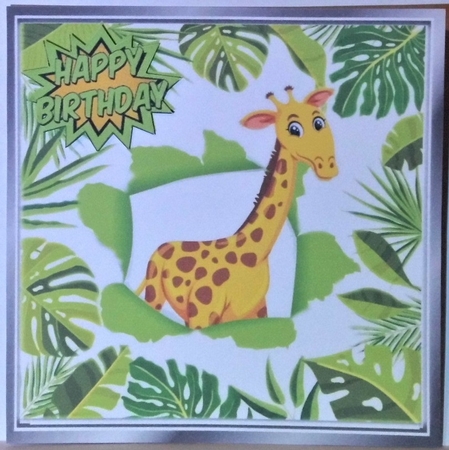 Giraffe in jungle leaf frame 8x8 by Hazel Underwood