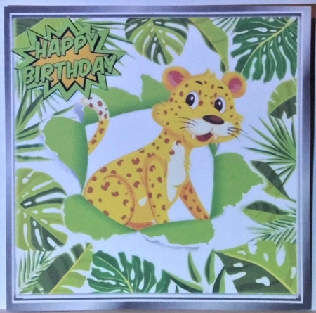 4 jungle animal card fronts in a  leaf frame 8x8 mini kit by Hazel Underwood