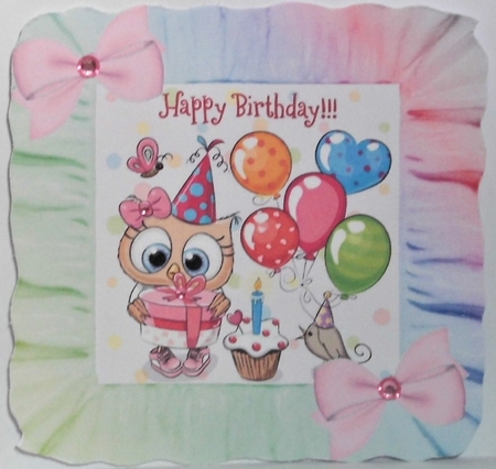 Cute owl with birthday treats in rainbow 7x7 frame by Hazel Underwood