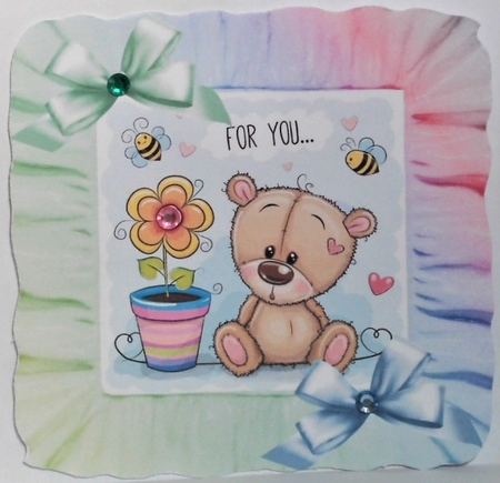 pretty teddy with a flower pot in rainbow 8x8 frame  by Hazel Underwood