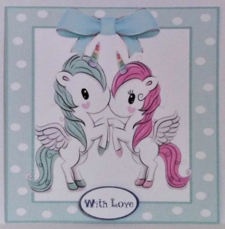 Cute unicorns in turq/pink polkadot 7x7 frame by Hazel Underwood