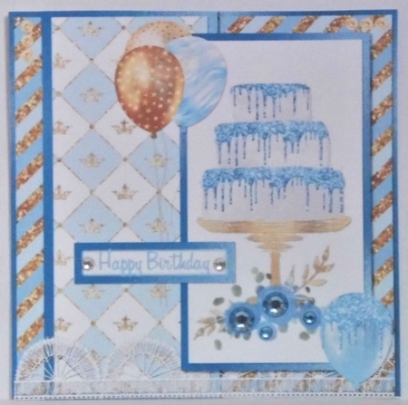 6 x 6 Card Front Blue/White Cake/Balloons with Toppers and Sentiments Blue/Gold by Hazel Underwood